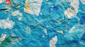 A blue wall with crumpled paper and paint photo