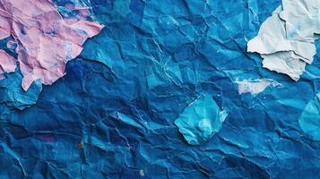 A blue crumpled paper wall with pink and blue paint photo