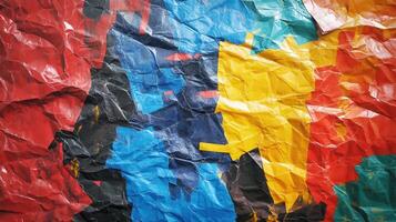 A colorful crumpled paper with a painting of a man photo