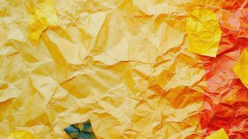 A crumpled paper background with yellow, red and orange leaves photo