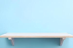 Empty shelf, blue wall, studio, product display photo