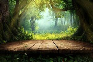 Forest scene, wooden platform, sunlit clearing, nature background, product display photo