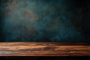 Dark wood table, teal textured backdrop photo