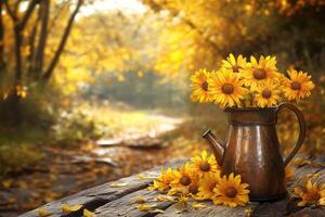 Autumn flowers in rustic pitcher, forest path photo