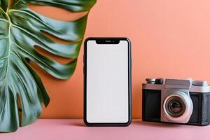 Blank phone screen, camera, leaf, orange background photo