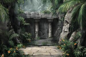 Jungle Temple Ruins Ancient stone columns, overgrown with tropical plants, misty background, ideal for game design photo
