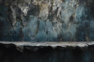 Dark stone shelf, grunge wall backdrop, product display photo