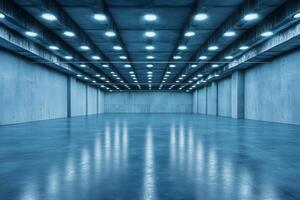 Empty modern concrete hall, lighting, event space photo