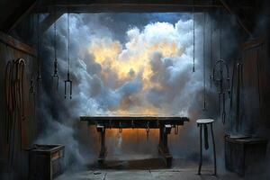 A room with a table and a bench in the middle of a room photo