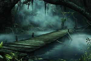 Misty swamp bridge, eerie forest background, game design photo