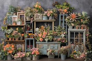 Rustic floral studio backdrop, plants, shelves, grey wall photo