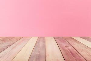 Pink wall, wooden floor, empty space, product display photo