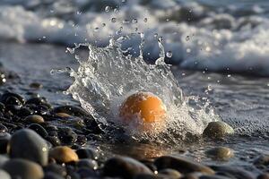 Orange sphere splashing ocean shore, pebble beach photo