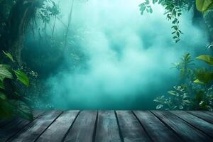 Misty jungle backdrop, wooden platform, product display photo