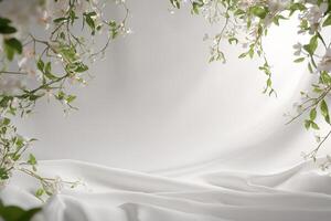Spring blossoms frame white fabric backdrop photo