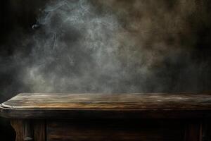 Rustic wooden table, smoky backdrop, studio setting, product display photo