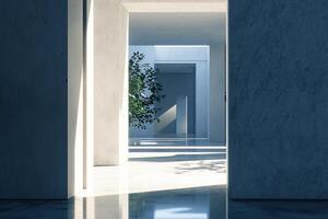 A hallway with a tree in the middle photo