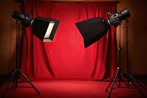Studio Setup Red backdrop, twin lights, photography photo