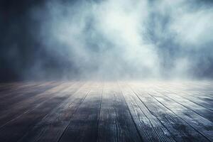 Smoky wooden floor backdrop, misty scene photo