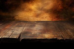 Rustic wooden table, dark background, autumnal texture, product display photo