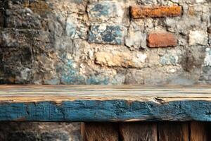 Rustic wooden table, stone wall backdrop photo