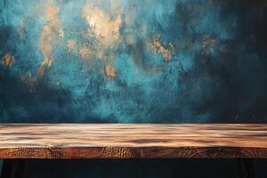Rustic wood table, textured wall, studio backdrop, product display photo