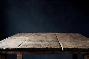 Rustic wooden table, dark backdrop, product display photo