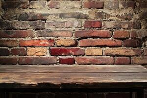Rustic wooden table, brick wall backdrop photo