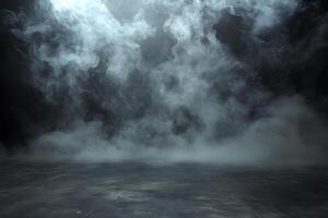 Smoky studio floor, dark background, ethereal scene, product display photo