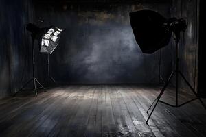Studio lighting setup, dark room, wood floor, photography backdrop photo