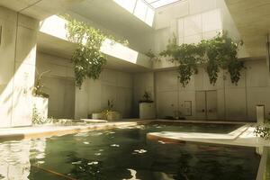 Sunlit indoor pool, overgrown plants, modern architecture, tranquil scene, wellness photo