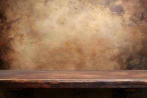 Rustic wooden shelf against textured wall background photo