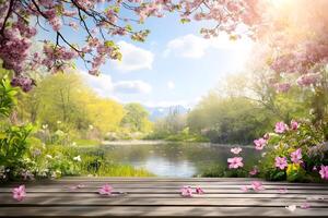 Spring Park Pond Wooden Table Background photo