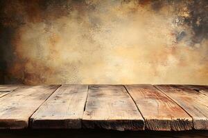 Rustic wooden table, textured backdrop, product display photo