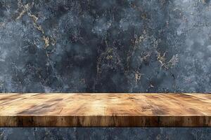 Rustic wooden table against marble wall photo