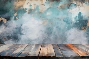 Rustic wood, smoky backdrop, textured wall, product display photo