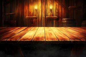 Rustic Wooden Table, Barn Setting, Dark Background, Product Display photo