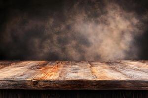 Rustic wooden table, smoky background, studio shot, product display photo
