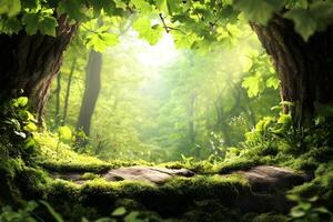 Sunlit Forest Path, Mossy Rocks, Spring photo