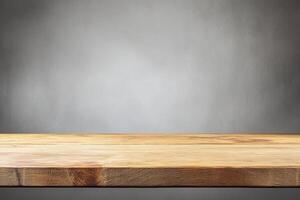 Wooden table, gray wall backdrop, studio, product display photo