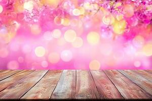Wooden table spring blossom bokeh background photo