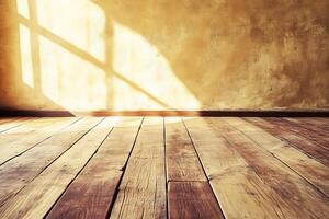 Sunlit Rustic Room, Wooden Floor, Yellow Wall, Window Shadow, Interior Design photo