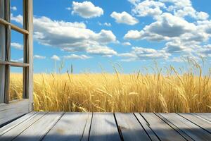 Wheat field view from rustic window photo