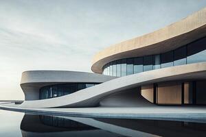 Modern concrete building, dawn reflection, coastal photo