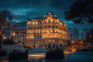 Night city building, illuminated, square, dusk, travel photo