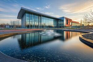 Modern office sunset reflection pond photo