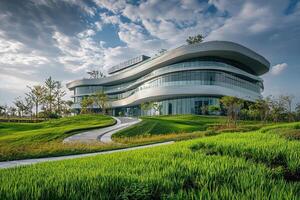 Modern building, green landscape, sunny day photo