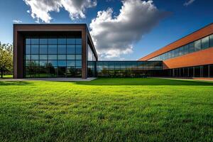 Modern office building, sunny day, green lawn photo