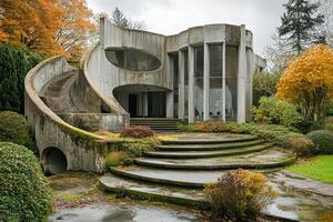 Concrete house, autumn garden, steps, decay photo