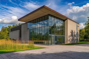 Modern glass building, park setting, sunny day photo
